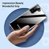 A hand holding a clear phone case with a Samsung phone inside, against a blue and white background. Produktbild-Vorschau