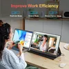 A woman is working on a laptop and a portable monitor, demonstrating different display modes. Produktbild-Vorschau