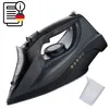 A black steam iron is shown from a diagonal angle on a white background, with a small white measuring cup next to it. An informational icon with German flag colors is in the top left corner. Anteprima dell’immagine prodotto