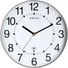 A white analog wall clock with black numbers and hands, featuring a silver frame. Produktbild-Vorschau