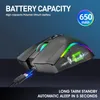 A gaming mouse with RGB lighting and a charging cable, with text overlays highlighting battery capacity and standby features. Produktbild-Vorschau