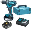 A collection of Makita power tools and accessories, including a drill, batteries, charger, and storage case, arranged on a white background. Produktbild-Vorschau