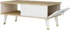 A modern coffee table with a wood top and white drawer/compartment, shown from a side angle with one door open. Produktbild-Vorschau