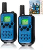 Two blue and black walkie-talkies are displayed side-by-side against a white background. A box with an image of the walkie-talkies and a child is visible in the upper right corner. Produktbild-Vorschau