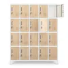 A white metal locker unit with 20 wooden-effect doors, some of which are open. Voir les images du produit