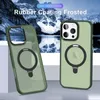 Two green phone cases with magnetic rings for MagSafe, displayed against a backdrop of a snowy mountain landscape. Produktbild-Vorschau