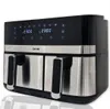 A studio shot of a black and silver dual-chamber air fryer with its digital display illuminated. Produktbild-Vorschau