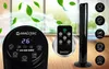 A collage advertising a black tower fan with a remote control, showing digital displays and icons. Leaves are shown in motion, suggesting airflow. Anteprima dell’immagine prodotto