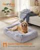 A golden retriever dog is resting on a plush dog bed in a living room, with a woman sitting on a sofa in the background reading a book. Produktbild-Vorschau