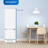 A white refrigerator is shown in a room with a dining table and chairs. Produktbild-Vorschau