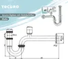 A technical drawing and a product photo of a sink siphon with dimensions and branding. Produktbild-Vorschau
