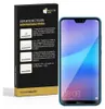 A smartphone screen protector packaging next to a smartphone. Produktbild-Vorschau
