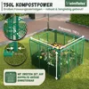 A green metal compost bin filled with compostable materials, shown outdoors on a grassy area with paved pathways and hedges in the background. The image includes text overlays and measurement indicators. Produktbild-Vorschau