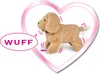 A plush toy dog inside a pink heart outline, with a speech bubble saying 'WUFF'. Anteprima dell’immagine prodotto