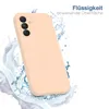 A peach-colored phone case is shown with water splashing around it. Produktbild-Vorschau