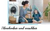 A mother and child are playing with a blanket in a laundry room. Produktbild-Vorschau