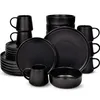 A collection of black ceramic dinnerware, including plates, bowls, and mugs, arranged on a white background. Voir les images du produit