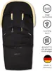 A black footmuff with cream trim, shown flat against a white background, with informational icons and text on the right side. Produktbild-Vorschau