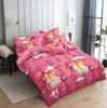A pink unicorn-themed duvet cover and pillowcases are neatly arranged on a bed. Produktbild-Vorschau