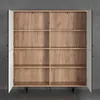 An open cabinet with wooden shelves against a gray background. Podgląd zdjęcia produktu
