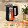 A kettle is shown with water boiling inside, next to a cup of coffee and pastries. The background suggests a kitchen or dining area. Voir les images du produit