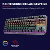 A gaming keyboard with RGB lighting is shown, with marketing text and icons. Produktbild-Vorschau