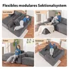 A collage of four images showing a modular sofa in different configurations and uses. Produktbild-Vorschau