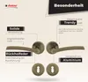A marketing image showcasing a bronze-colored door handle set with descriptive text highlighting its features and benefits. Produktbild-Vorschau