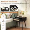 A bedside table with a drawer open, showcasing its storage capacity. The image also includes icons and text highlighting product features. Podgląd zdjęcia produktu