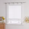 A white sheer Roman blind with tie-backs is shown hanging on a window. Produktbild-Vorschau