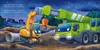 Two construction vehicles, an excavator and a crane, are on a construction site at night. Náhled obrázku produktu