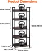 A diagram showing the dimensions of a bookshelf, with kettlebells on each shelf to indicate weight capacity. Podgląd zdjęcia produktu