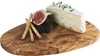 A cheese board with a slice of cheese, a fig, and breadsticks on a wooden board. Produktbild-Vorschau