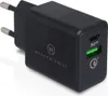 A black USB power adapter with two ports, one USB-C and one USB-A, is shown on a white background. Produktbild-Vorschau