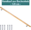 A wooden handrail with metal mounting brackets and screws on a white background. Produktbild-Vorschau