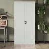 A white metal cabinet with a black lock is shown in a room with a textured wall and wooden floor. There are plants on a shelf to the right and a desk with a lamp to the left. Náhľad obrázku produktu