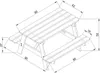 A line drawing diagram of a wooden children's picnic table with dimensions indicated. Anteprima dell’immagine prodotto