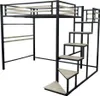 A loft bed with stairs against a white background.