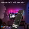 A remote control is held up in front of a TV screen, with stylized sound waves emanating from a silhouette of a mouth towards the remote. The TV screen displays content, and ambient lighting is visible behind it. Anteprima dell’immagine prodotto