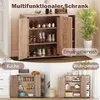 A collage of images showing a multi-functional cabinet used in different rooms of a house, such as an entryway, kitchen, and living room. Produktbild-Vorschau