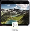 A smartphone screen displaying a mountain landscape, with two circular cutouts for camera lenses at the top. A yellow square overlay with an eye icon and stars is in the bottom center, with text below it. Produktbild-Vorschau