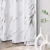 A close-up view of white curtains with a silver marble pattern, placed in a room with two white vases and a plant. Produktbild-Vorschau
