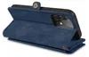 A blue wallet-style phone case is shown from the side, with the phone inserted and the case partially open. Produktbild-Vorschau
