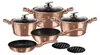 A set of rose gold cookware, including pots and pans, arranged on a white background. Podgląd zdjęcia produktu