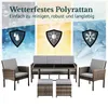 A polyrattan garden furniture set with a sofa, two armchairs, and two ottomans, displayed against a background illustrating weather resistance. Produktbild-Vorschau