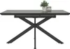 A dark-colored dining table with a geometric base, set against a plain white background. A small potted plant and a glass jar are placed on the table. Náhled obrázku produktu