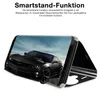 A smartphone case is shown in a folded position, displaying a car image on its screen. Produktbild-Vorschau