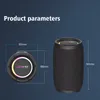 Product dimensions and a speaker are shown against a dark blue background. Produktbild-Vorschau