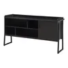 A black media console with multiple shelves and a cabinet door, shown against a white background. Podgląd zdjęcia produktu