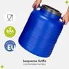A blue plastic barrel with handles is being held by two people. There are also several circular icons with text and symbols on the left side of the image. Produktbild-Vorschau